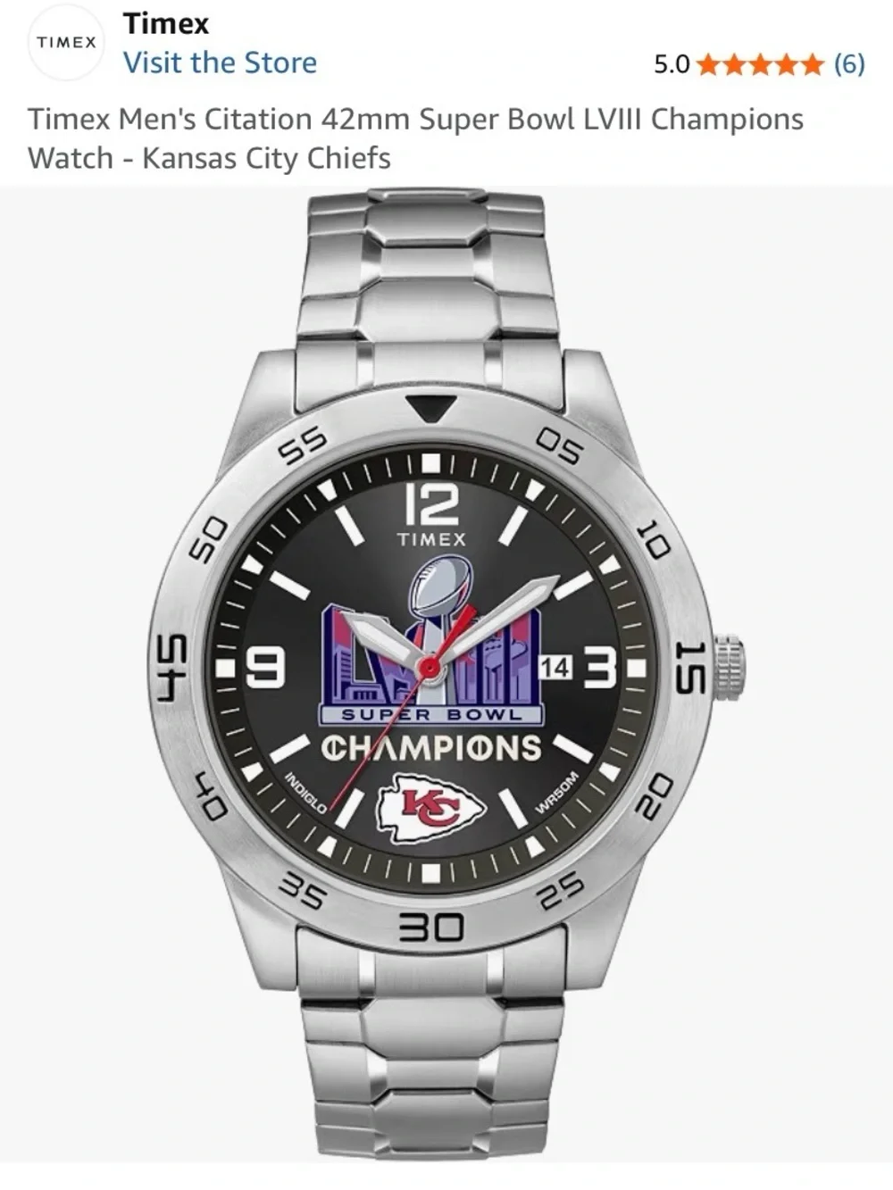 Timex Silver Watch with Black Dial and Red Accents, Kansas City Chiefs